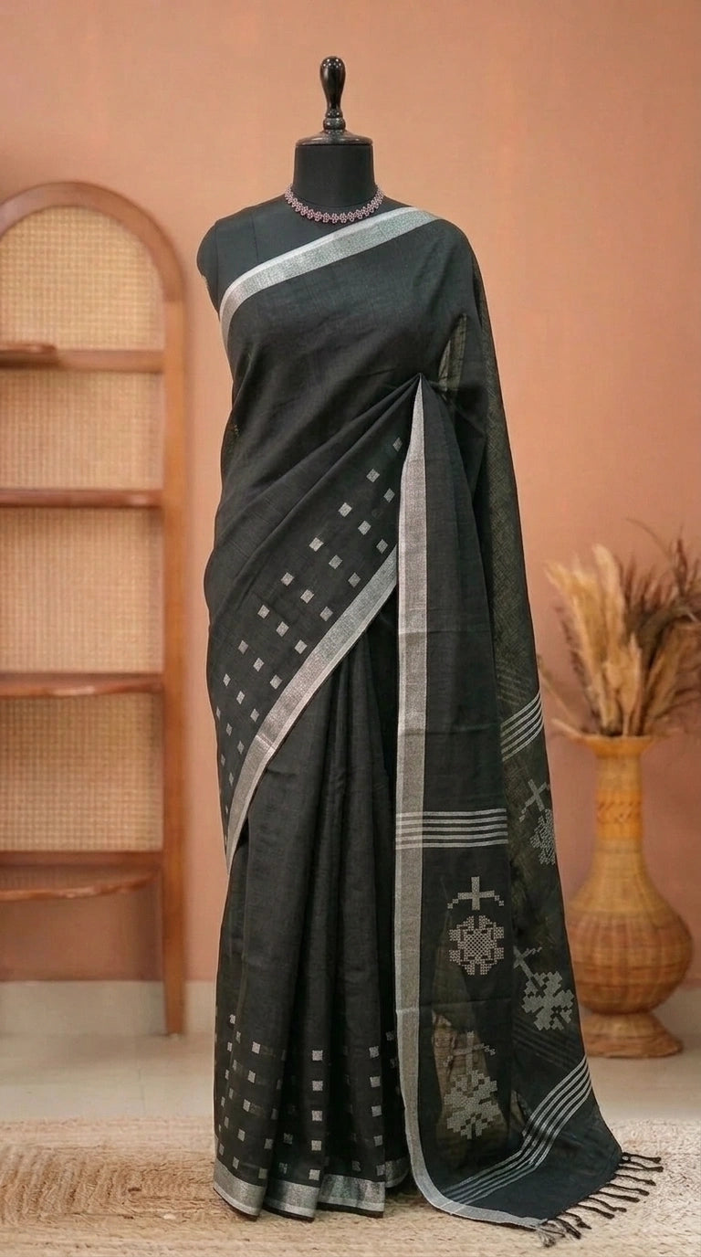 Dark Black Pure Linen Saree 