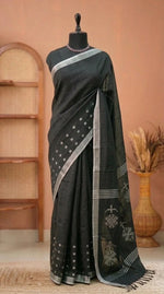 Dark Black Pure Linen Saree 