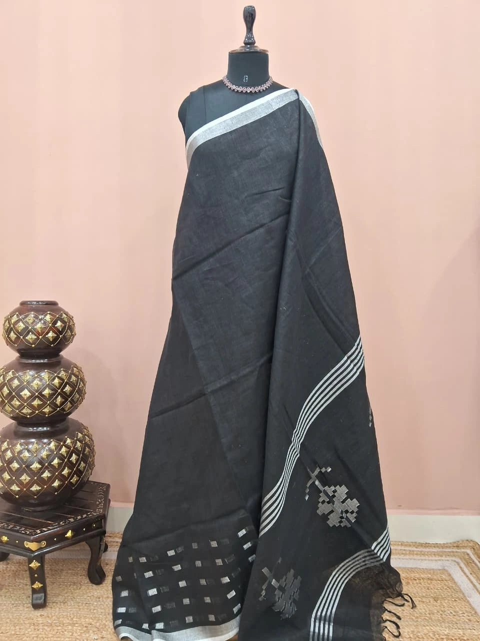 Black Pure Linen Saree 