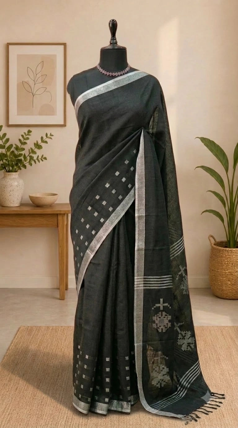 Black Pure Linen Saree 