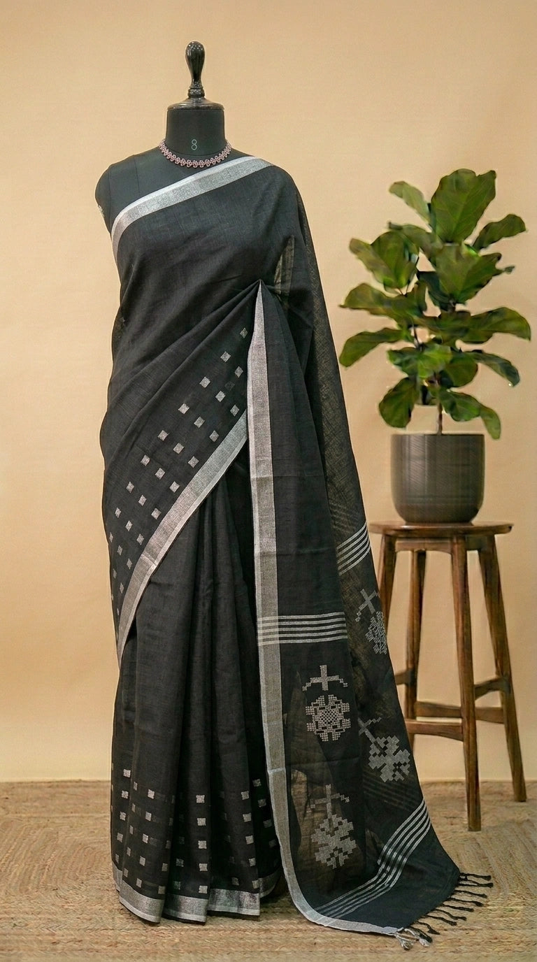 Dark Black Pure Linen Saree 