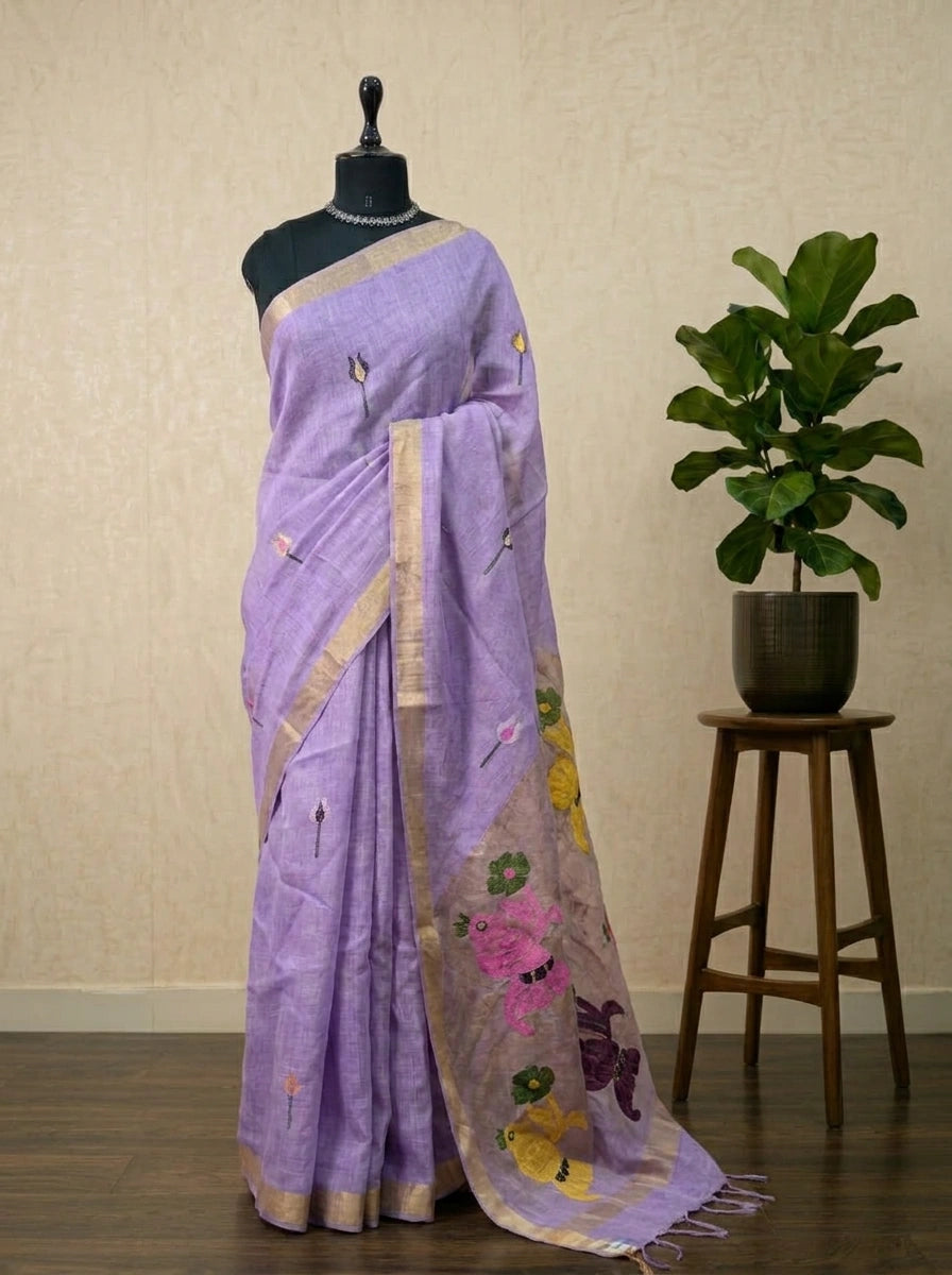 Lavender Pure Silk Linen saree