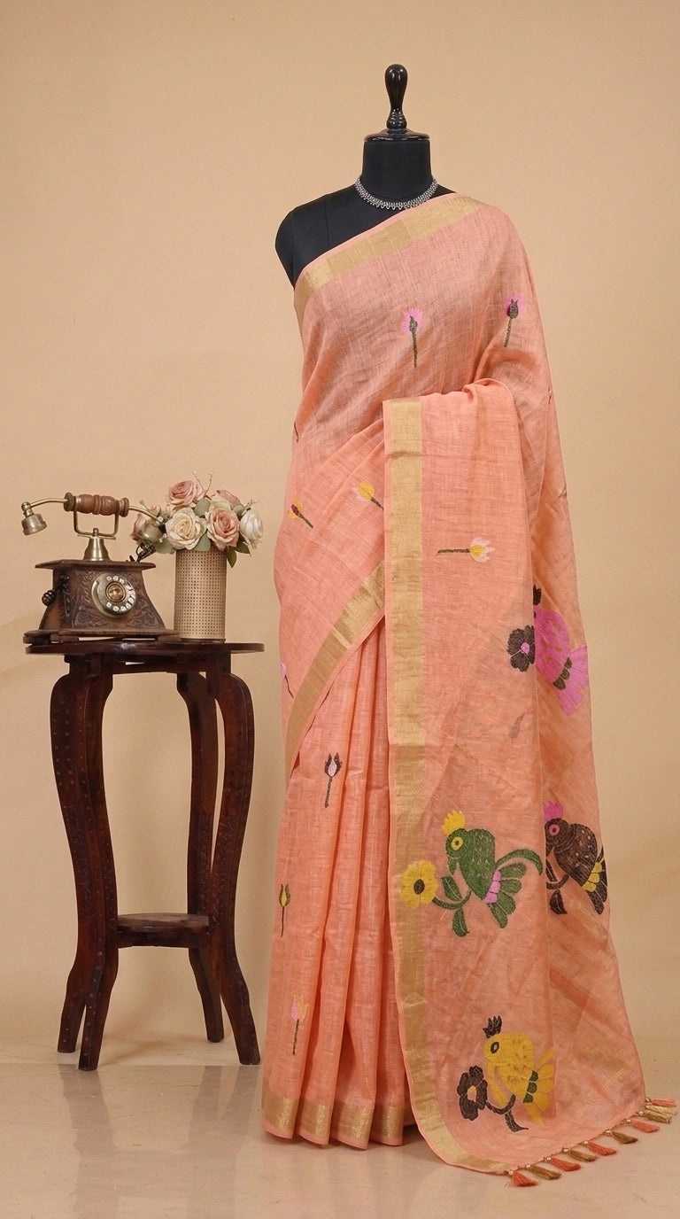 Peach Pure Silk Linen saree