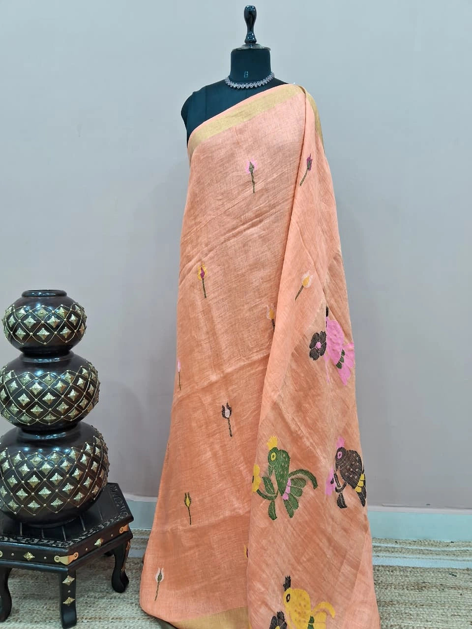 Peach Pure Silk Linen saree