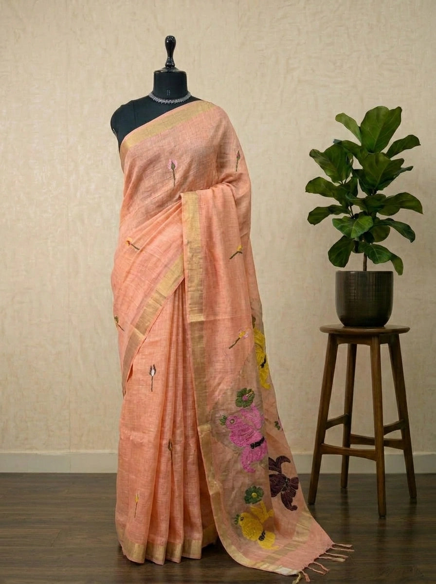 Peach Pure Silk Linen saree
