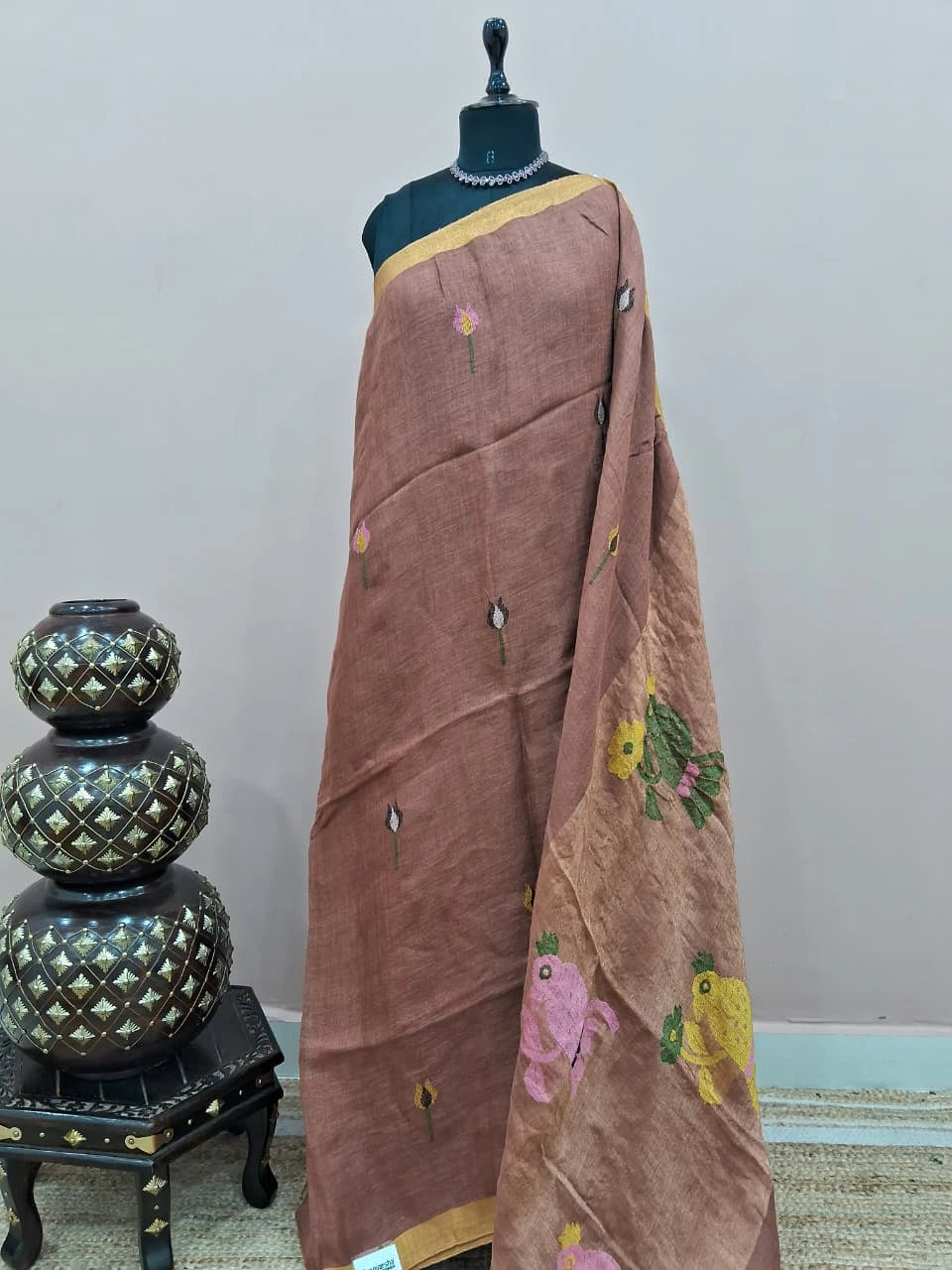 Chocolate Brown Pure Silk Linen saree