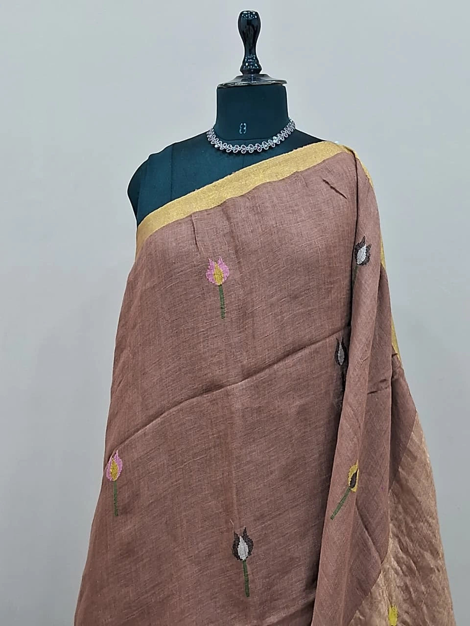 Chocolate Brown Pure Silk Linen saree 1