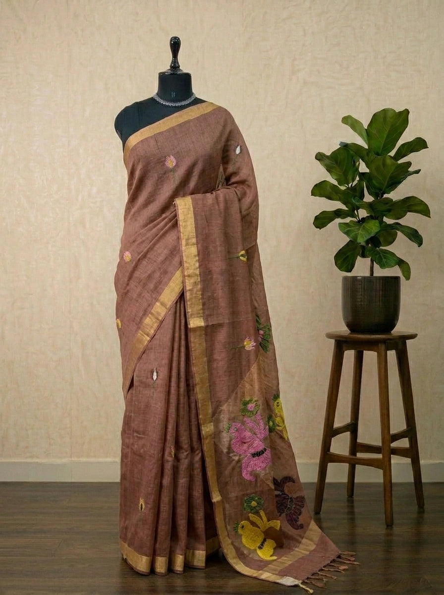 Chocolate Brown Pure Silk Linen saree