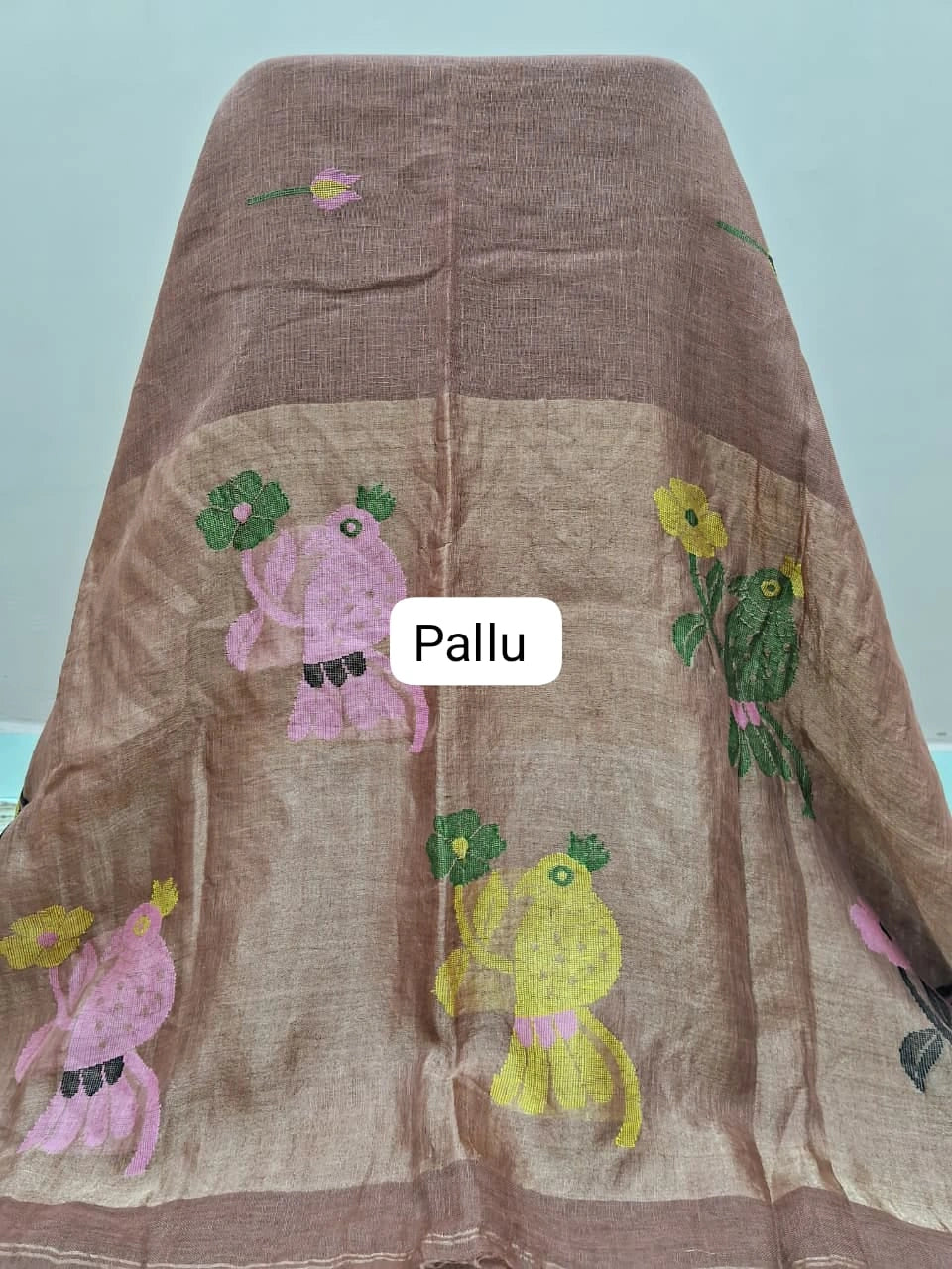 Chocolate Brown Pure Silk Linen saree pallu