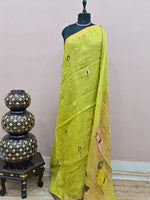 Bright Green Pure Silk Linen saree 