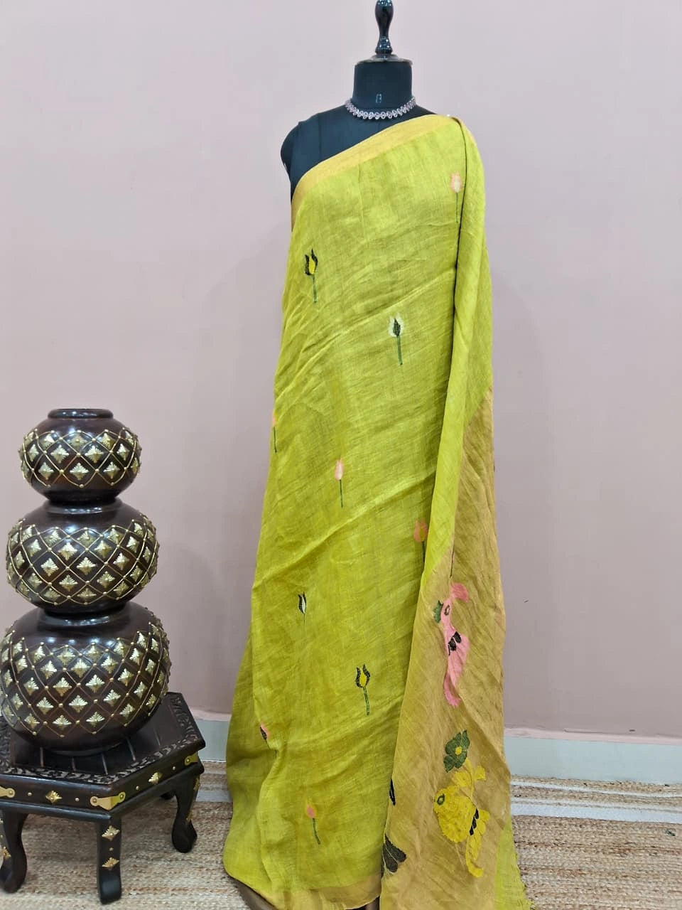 Bright Green Pure Silk Linen saree 