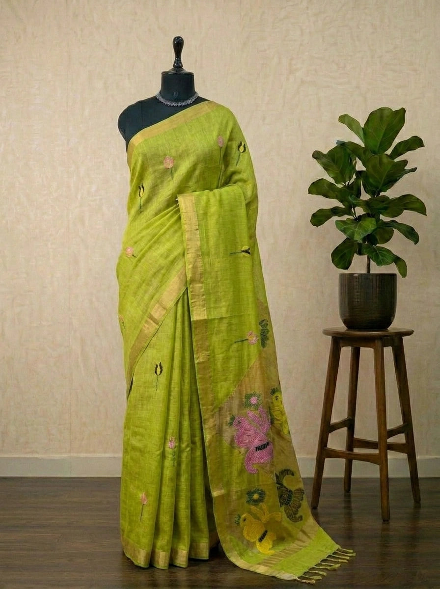 Bright Green Pure Silk Linen saree
