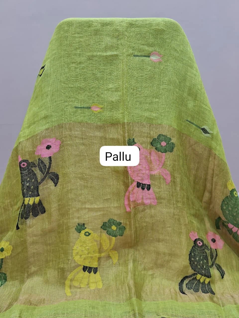Bright Green Pure Silk Linen saree Pallu