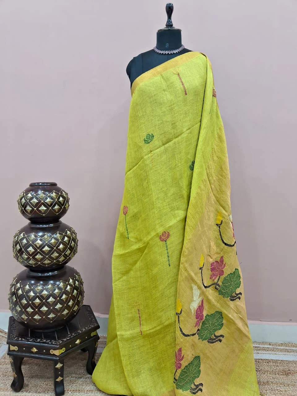 Leaf Green Pure Silk Linen saree