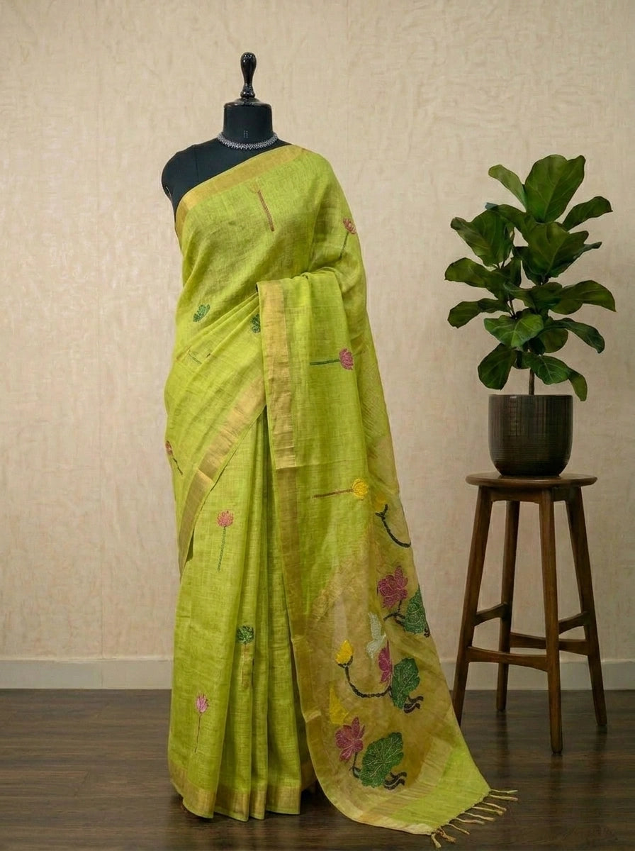 Leaf Green Pure Silk Linen saree