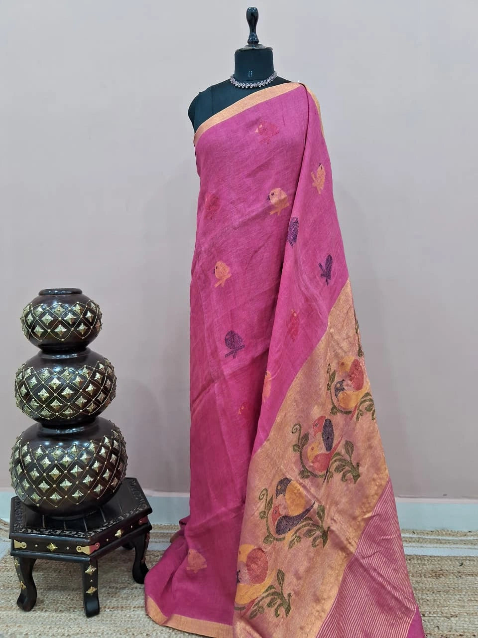 Dark Pink Pure Silk Linen saree 