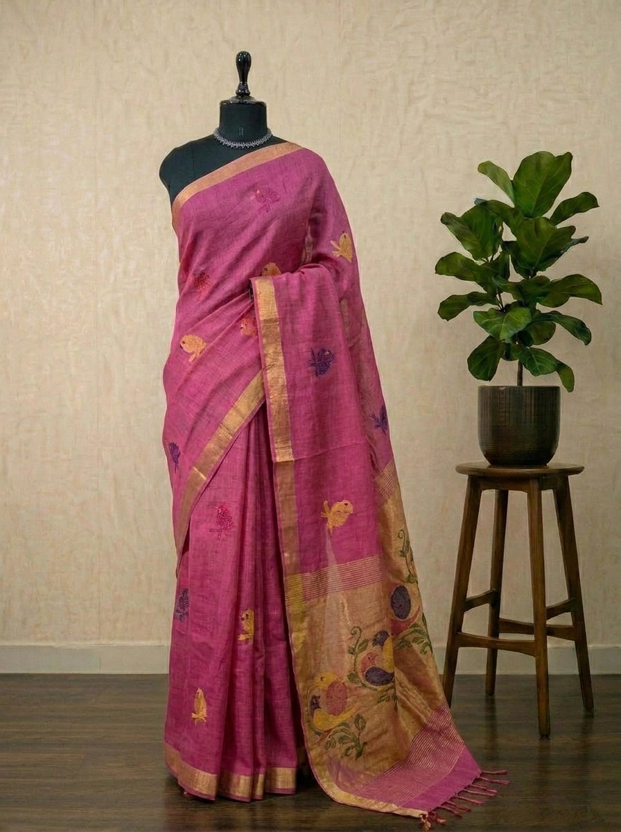 Dark Pink Pure Silk Linen saree