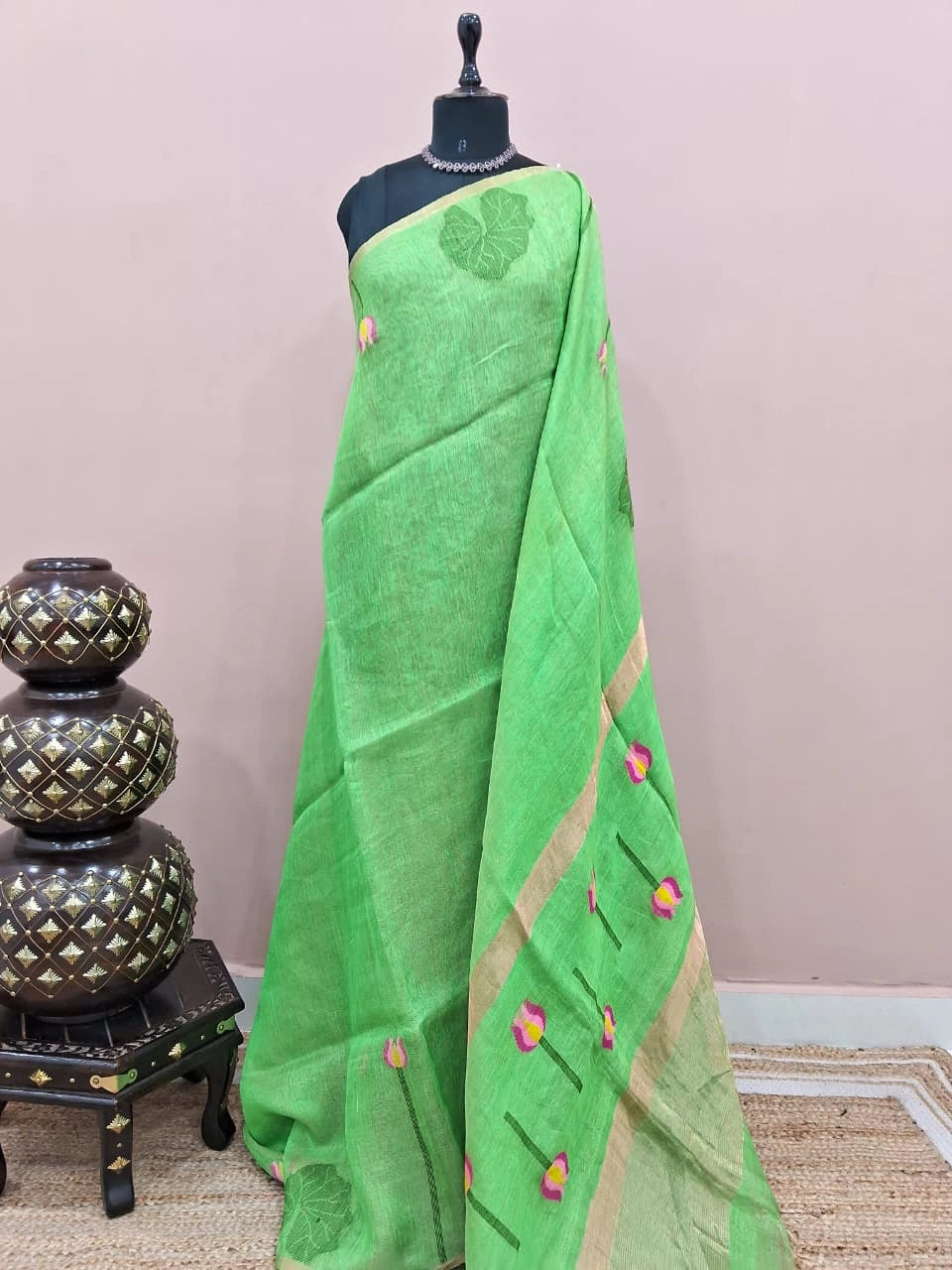 Green Pure Plain Silk Linen saree 