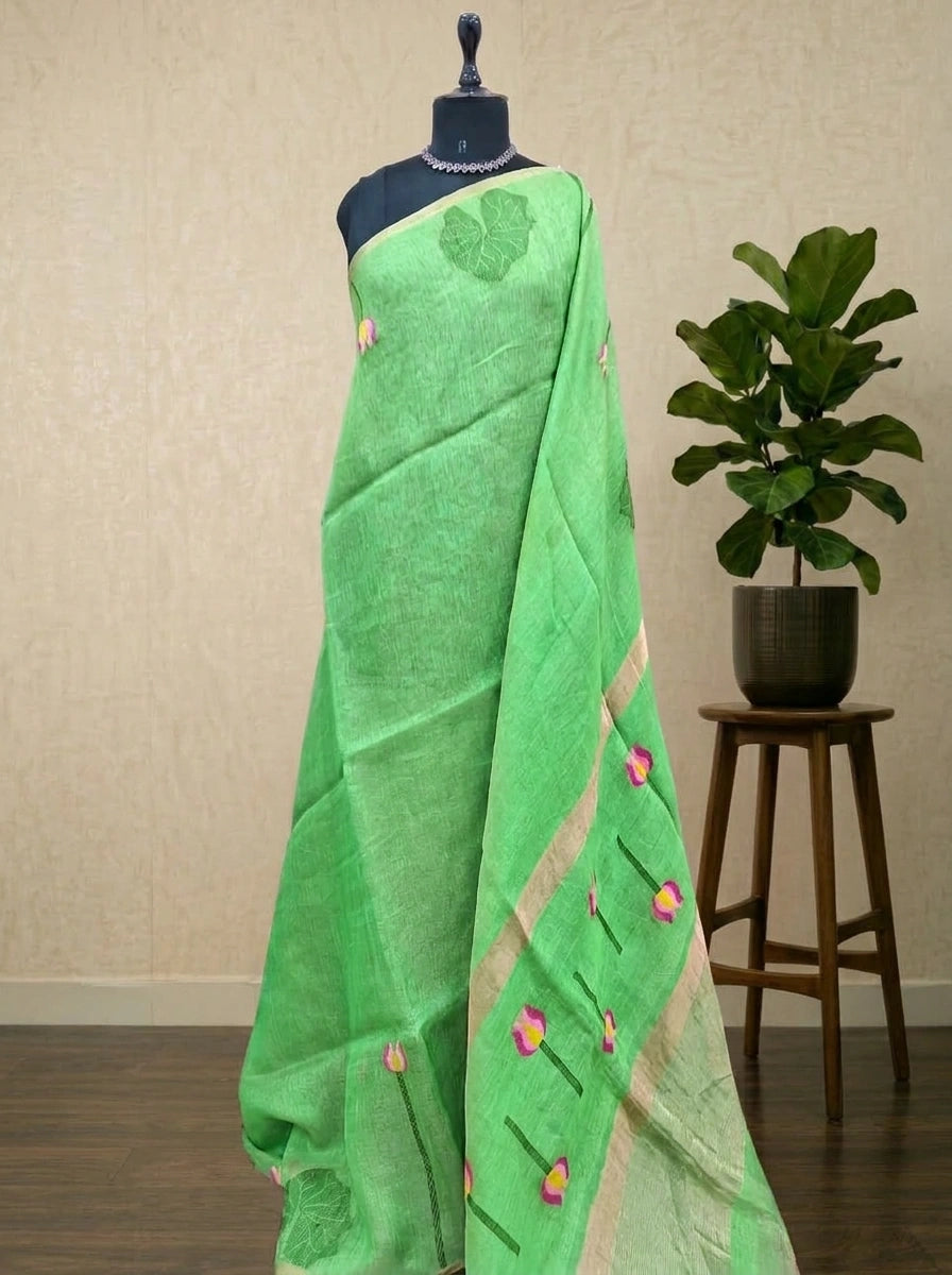 Green Pure Plain Silk Linen saree