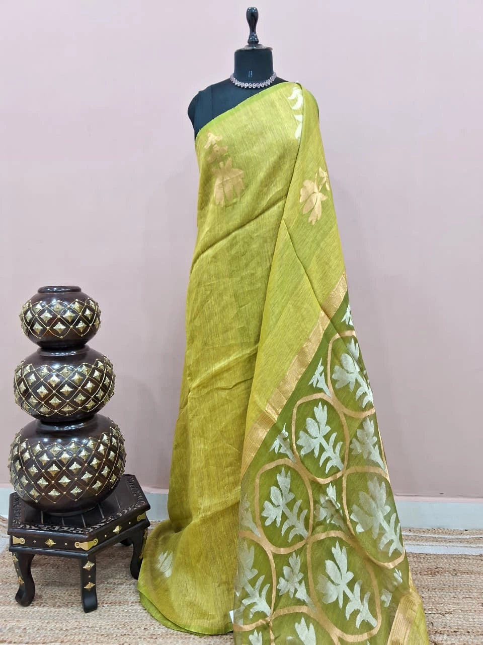 Olive Green Pure Plain Silk Linen saree