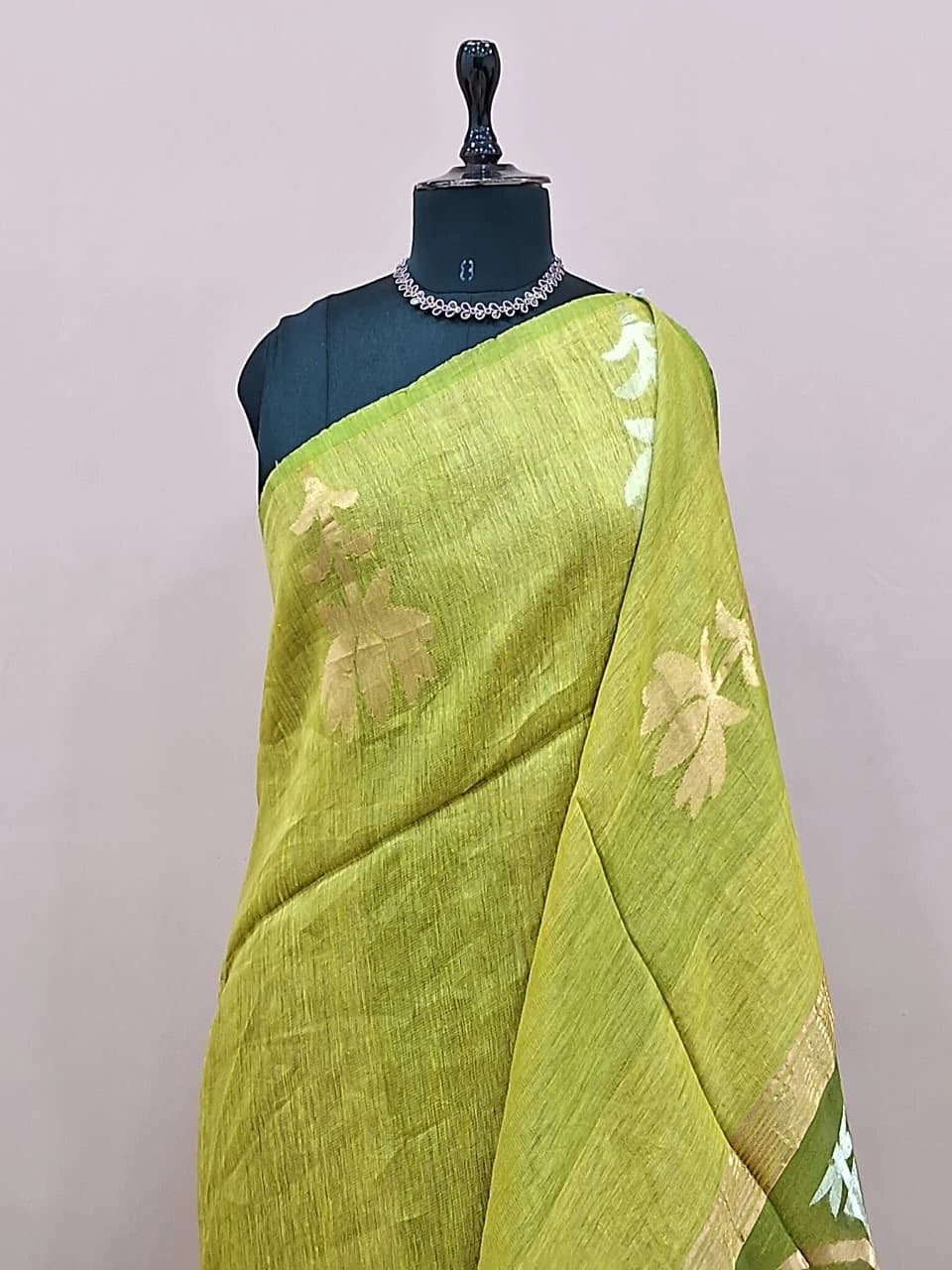 Olive Green Pure Plain Silk Linen saree 1