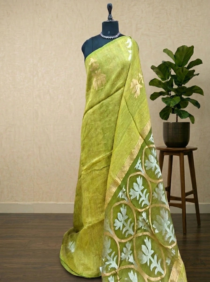 Olive Green Pure Plain Silk Linen saree
