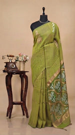 Olive Green Pure Plain Silk Linen saree