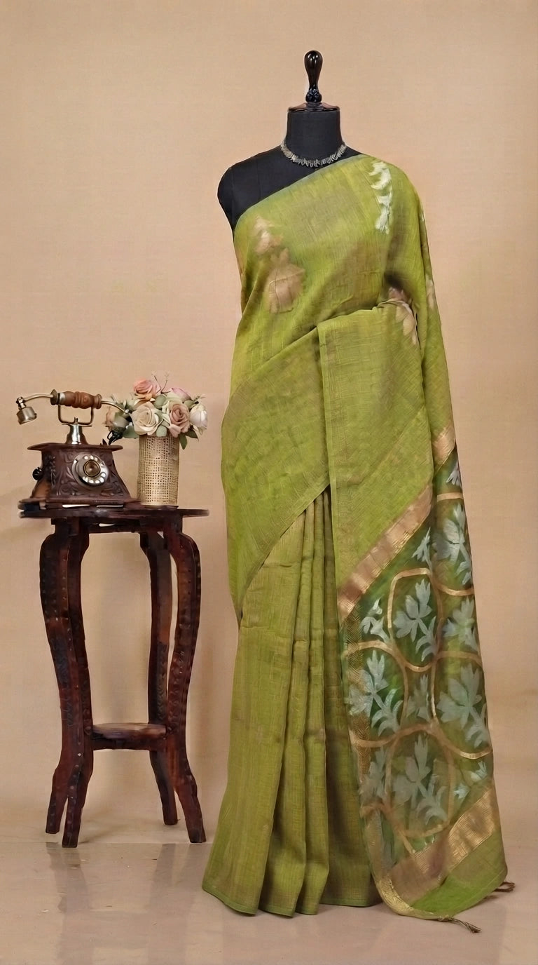 Olive Green Pure Plain Silk Linen saree