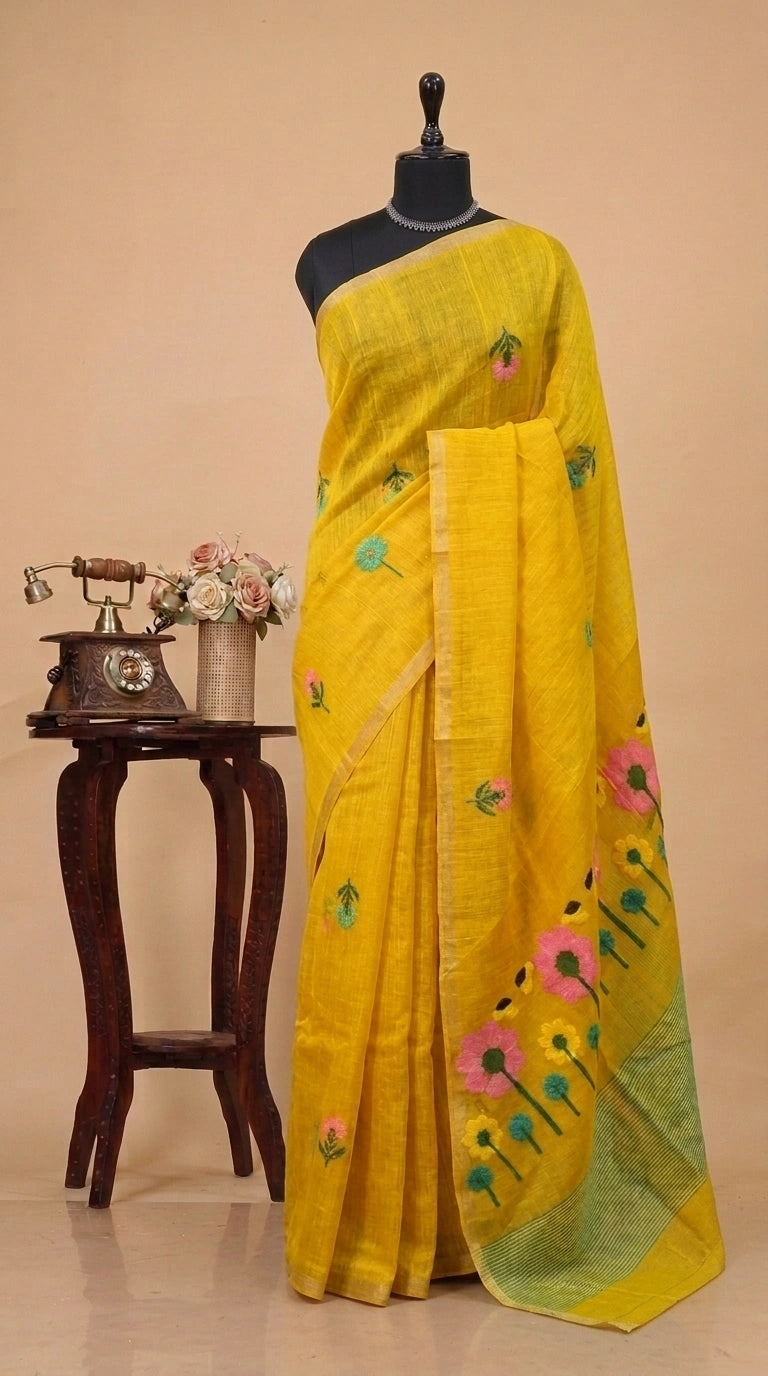 Dark Yellow Pure Silk Linen saree