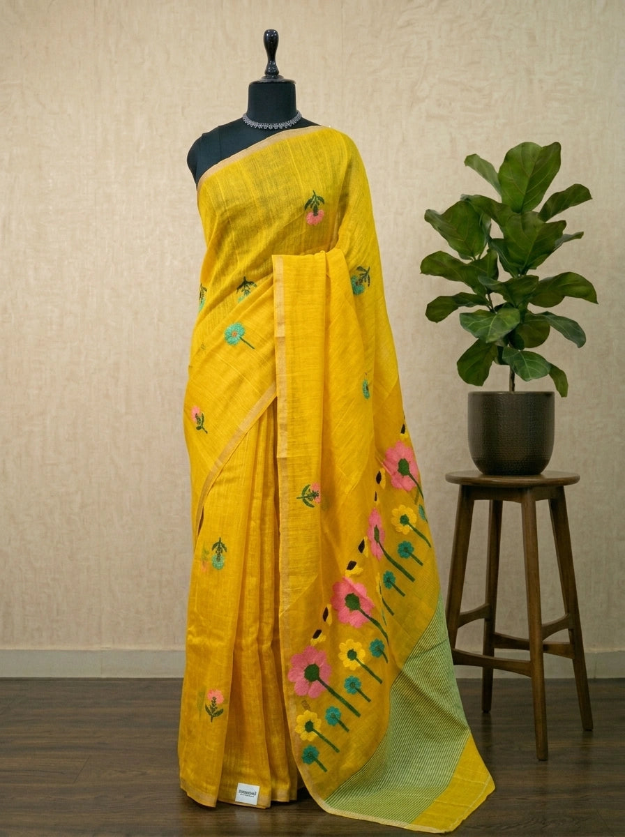 Dark Yellow Pure Silk Linen saree