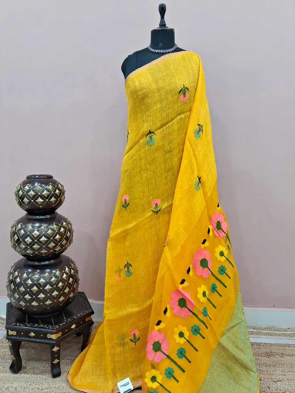 Dark Yellow Pure Silk Linen saree
