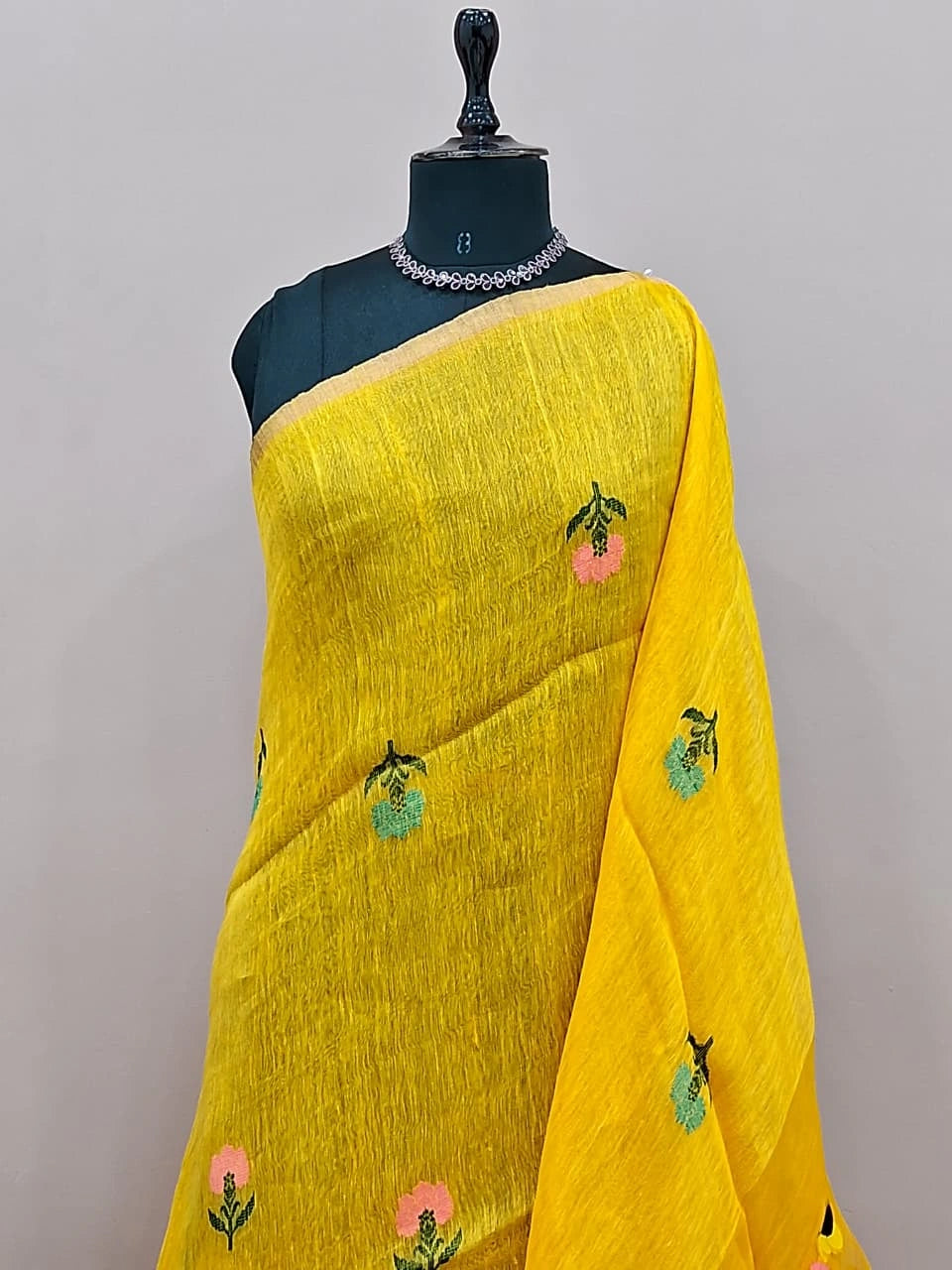 Dark Yellow Pure Silk Linen saree 1