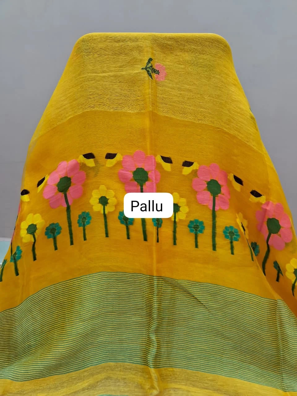 Dark Yellow Pure Silk Linen saree pallu