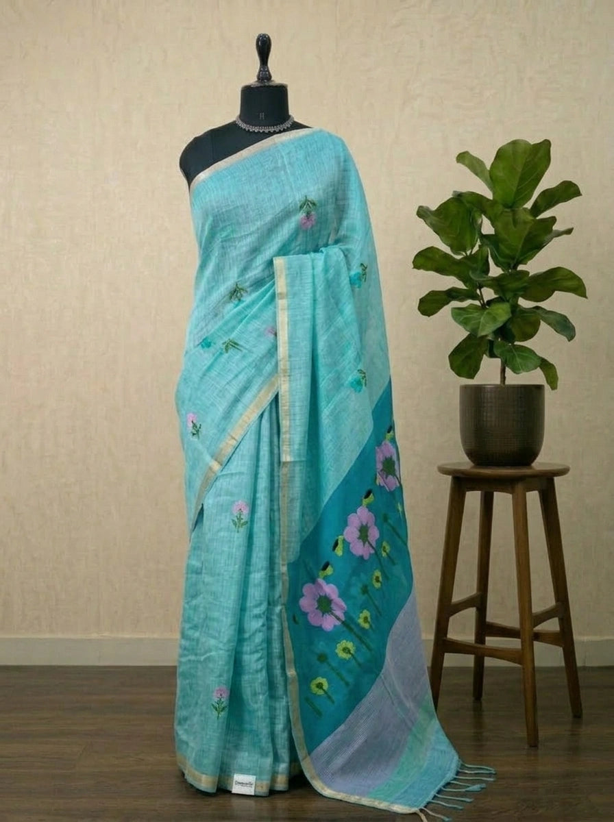Sky Blue Pure Silk Linen saree 