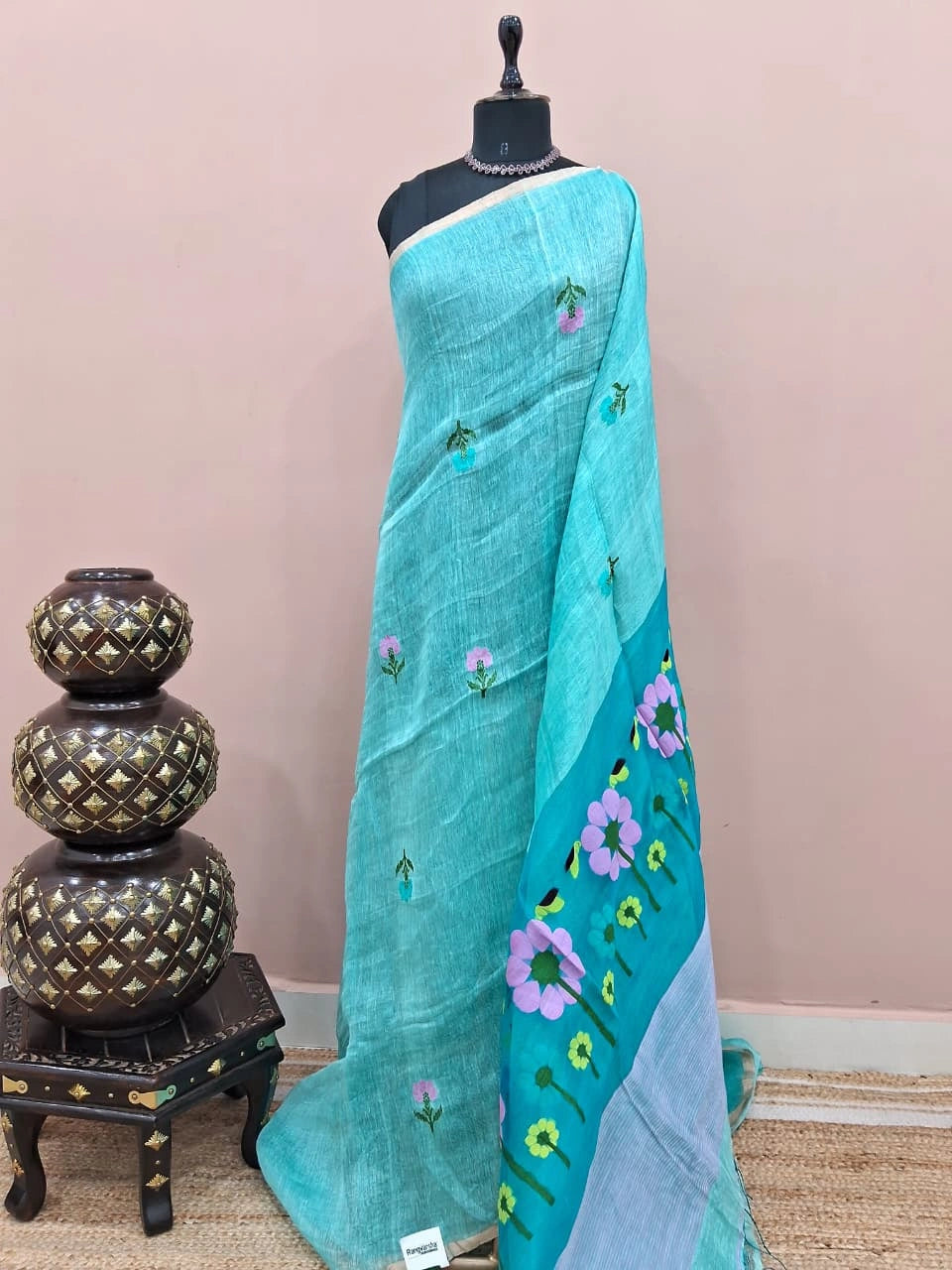 Sky Blue Pure Silk Linen saree 