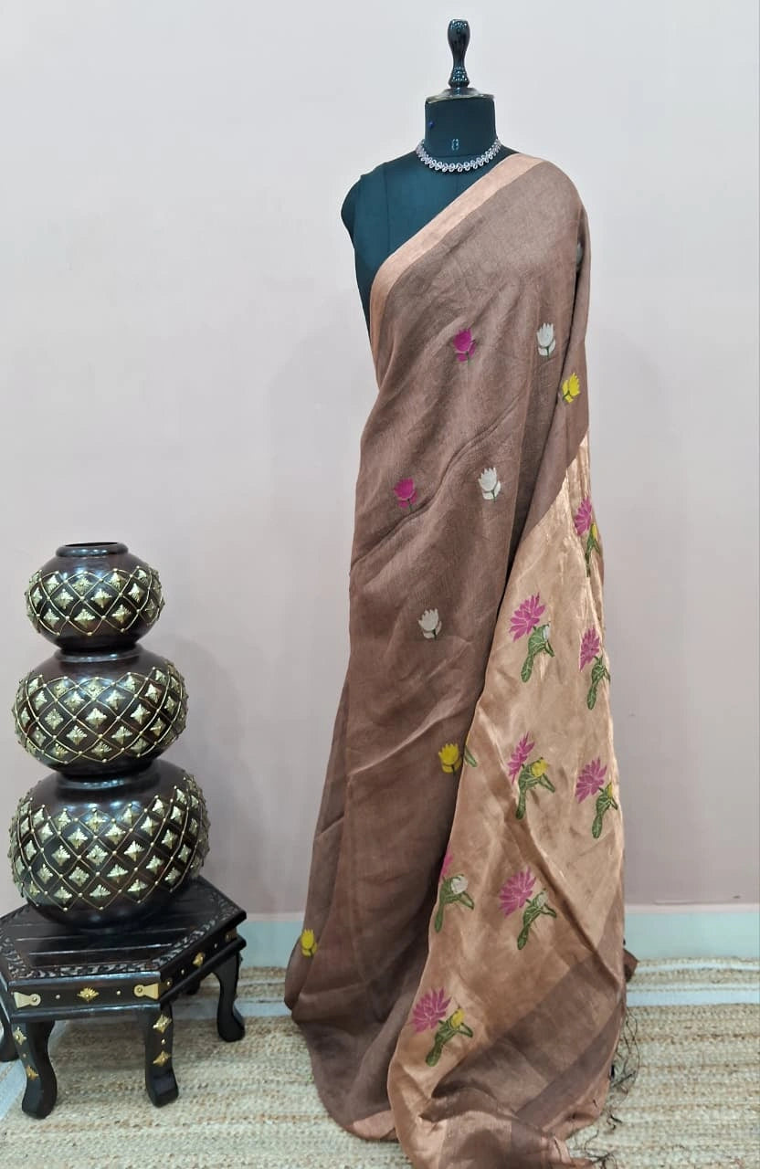 Chocolate Brown Pure Silk Linen Saree