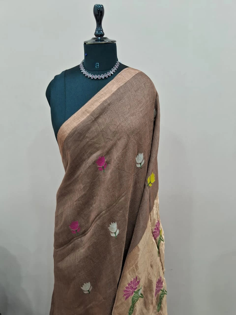 Chocolate Brown Pure Silk Linen Saree 1