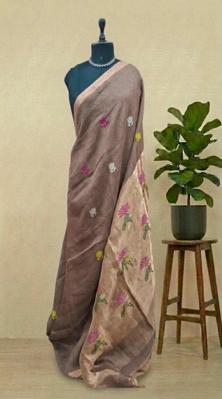 Chocolate Brown Pure Silk Linen Saree