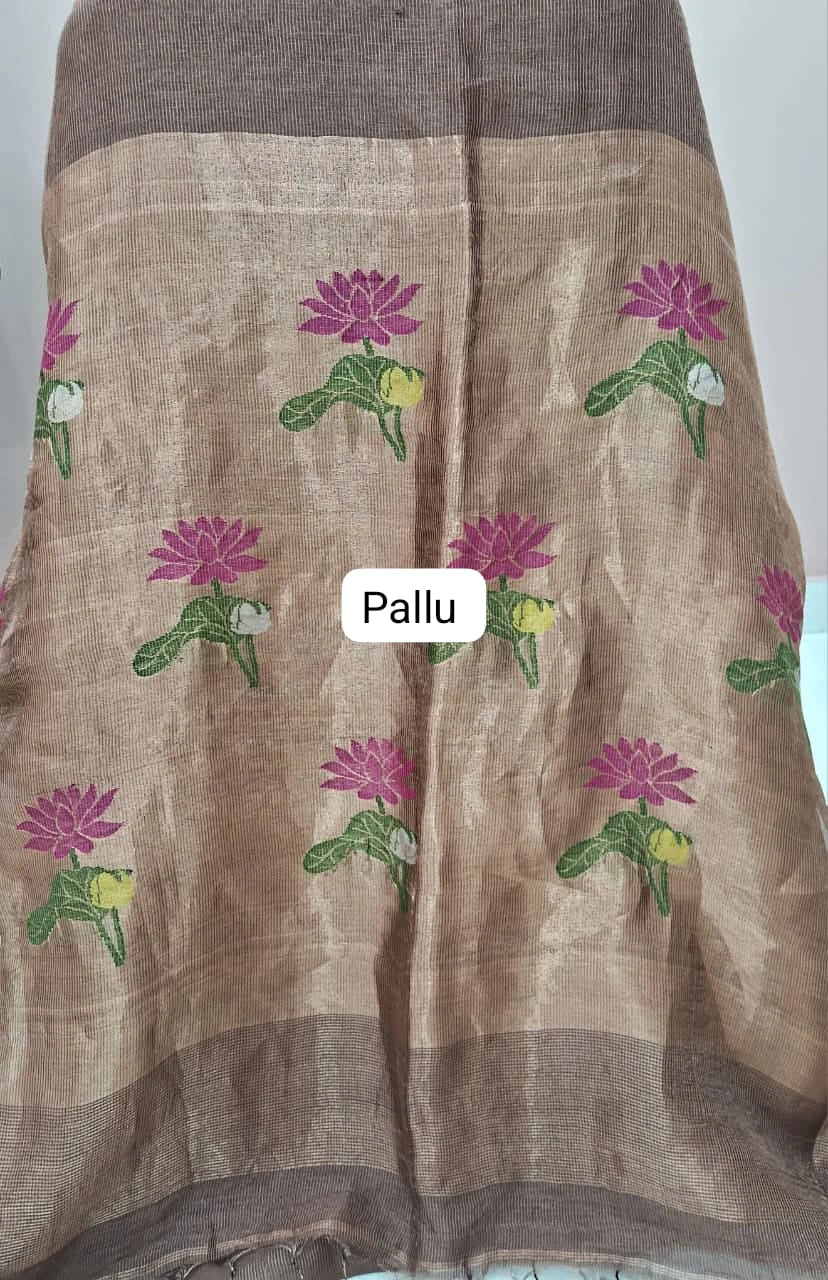 Chocolate Brown Pure Silk Linen Saree pallu