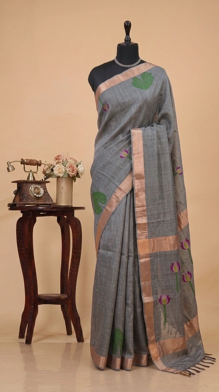 Metal Grey Pure Silk Linen Saree