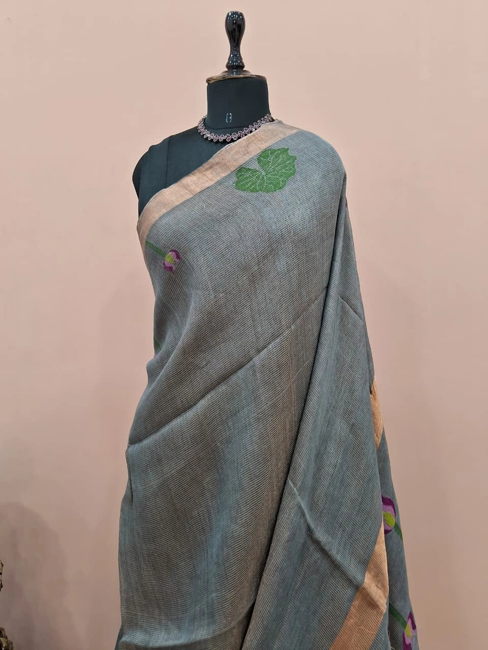 Metal Grey Pure Silk Linen Saree 1
