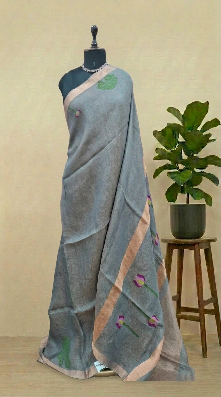 Metal Grey Pure Silk Linen Saree