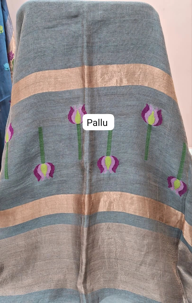 Metal Grey Pure Silk Linen Saree Pallu