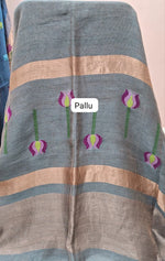 Metal Grey Pure Silk Linen Saree Pallu