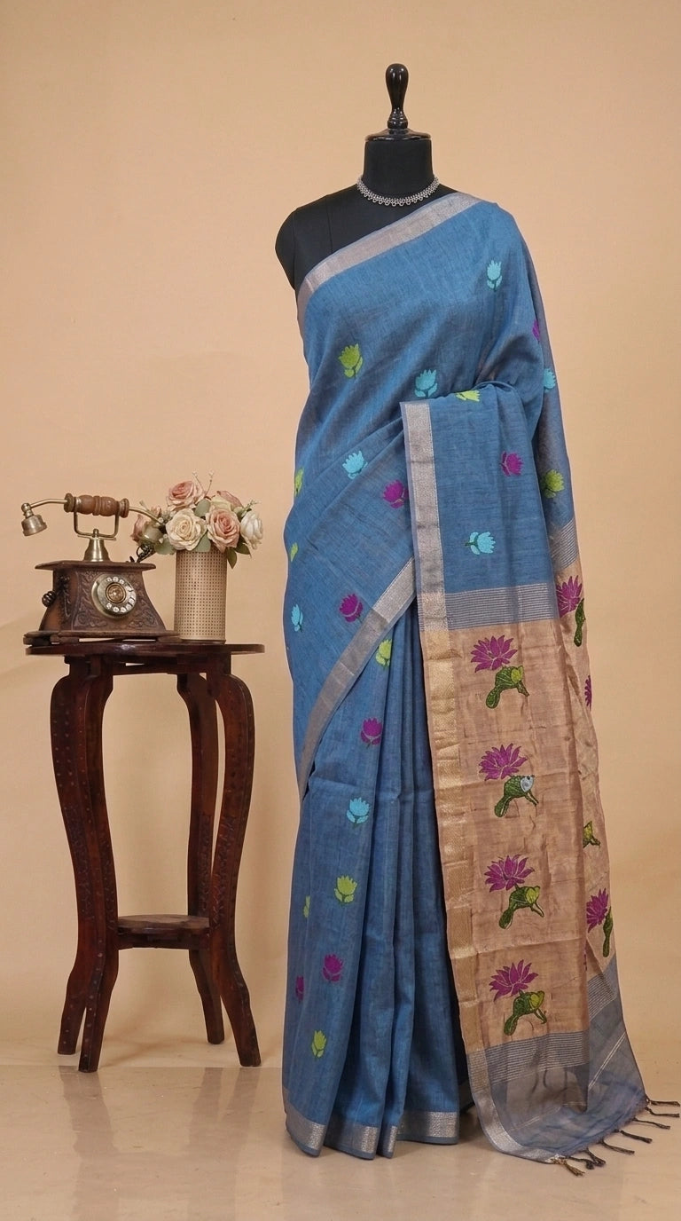 Baby Blue Pure Silk Linen Saree
