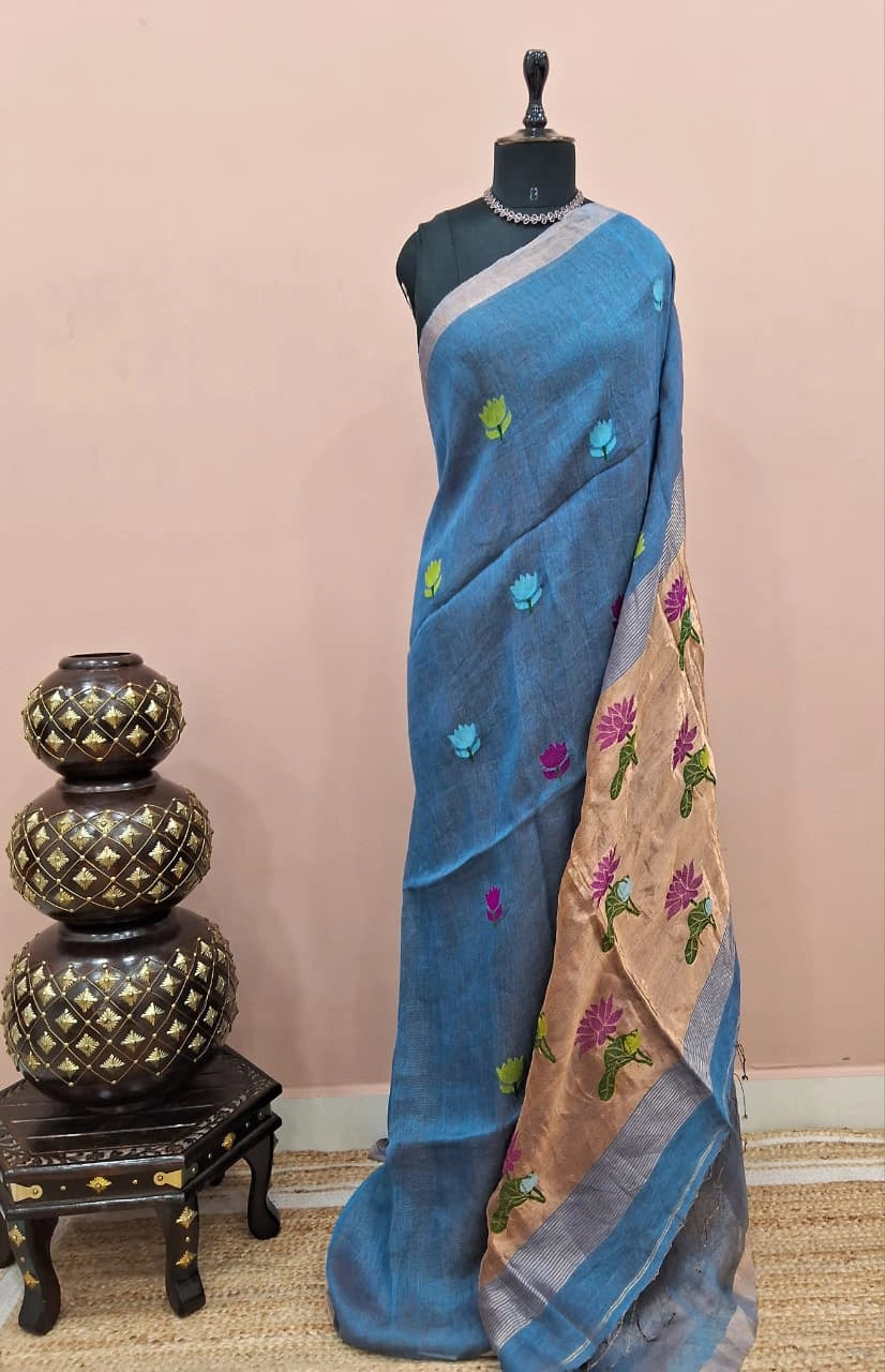 Baby Blue Pure Silk Linen Saree
