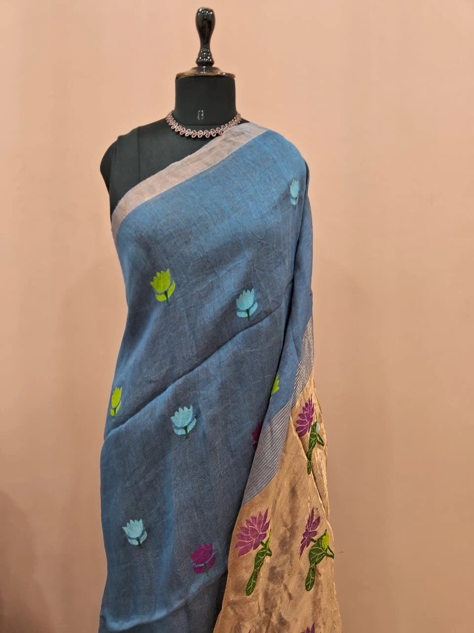 Baby Blue Pure Silk Linen Saree 1