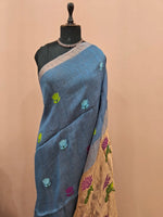 Baby Blue Pure Silk Linen Saree 1