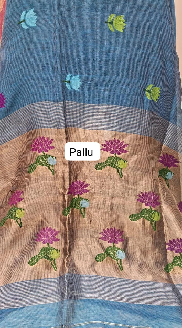 Baby Blue Pure Silk Linen Saree pallu