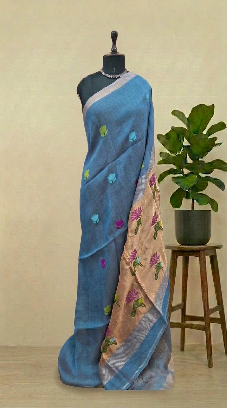 Baby Blue Pure Silk Linen Saree